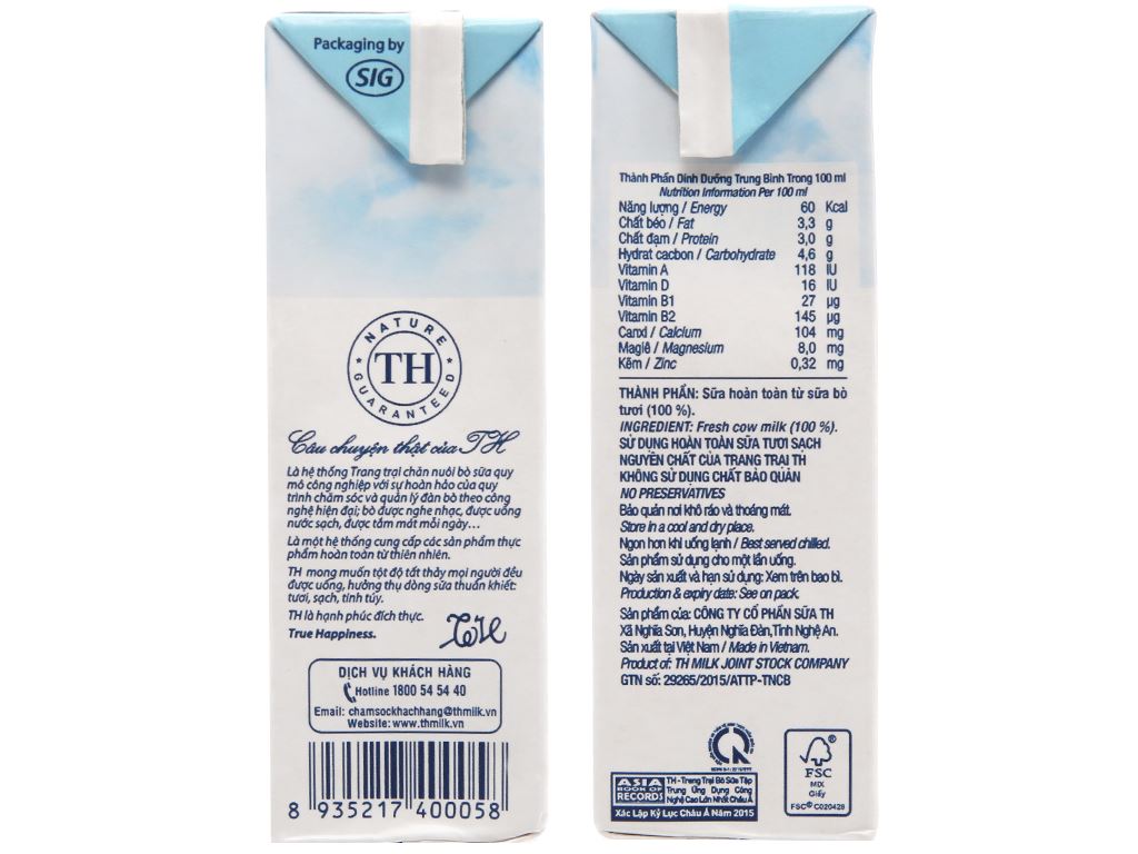 Lốc 4 hộp sữa tươi tiệt trùng nguyên chất không đường TH true MILK 180ml 5