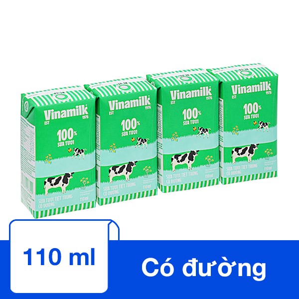 Lốc 4 Hộp Sữa Tươi Tiệt Trùng Vinamilk Có Đường 110 Ml (Từ 1 Tuổi)