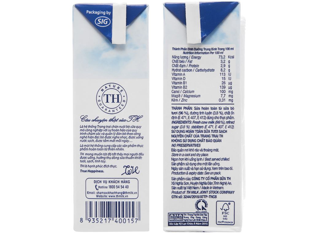 Lốc 4 hộp sữa tươi tiệt trùng có đường TH true MILK 180ml 5