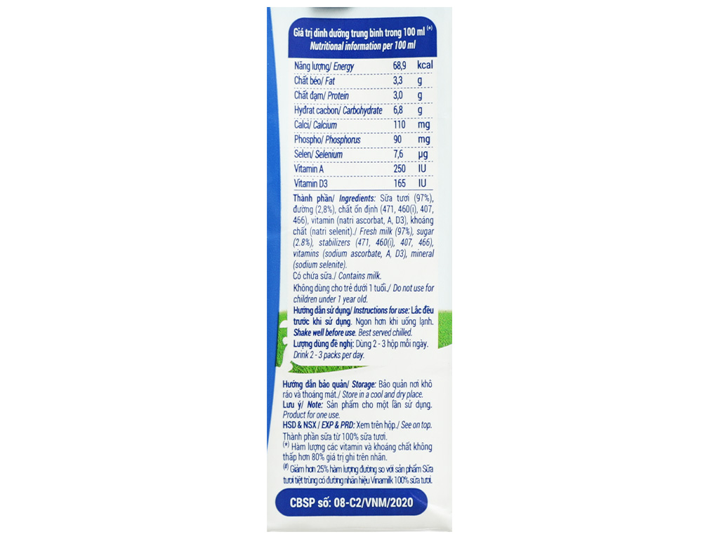 Lốc 4 hộp sữa tươi ít đường Vinamilk 180ml 10