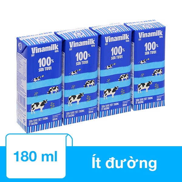 Lốc 4 Hộp Sữa Tươi Tiệt Trùng Vinamilk Ít Đường 180 Ml (Từ 1 Tuổi)