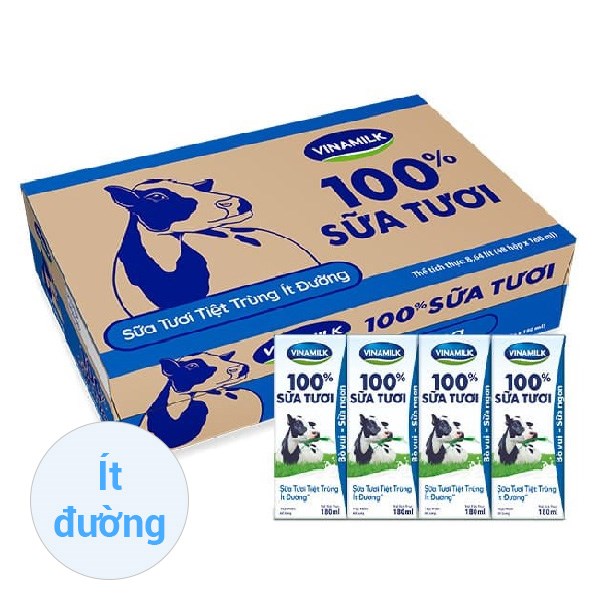 Thùng 48 hộp sữa tươi tiệt trùng Vinamilk ít đường 180 ml (từ 1 tuổi)