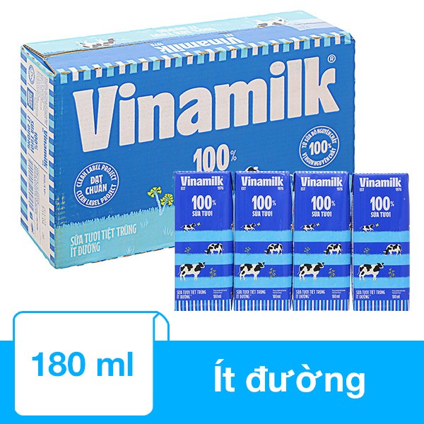 Thùng 48 Hộp Sữa Tươi Tiệt Trùng Vinamilk Ít Đường 180 Ml (Từ 1 Tuổi)