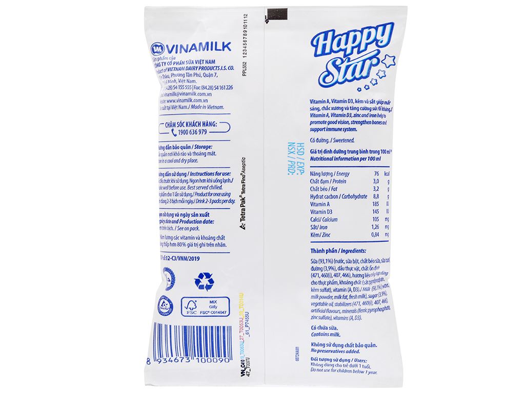 Thùng 48 bịch sữa dinh dưỡng có đường Vinamilk Happy Star 220ml 8