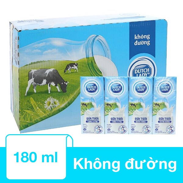 Thùng 48 hộp sữa tươi Dutch Lady không đường 180 ml