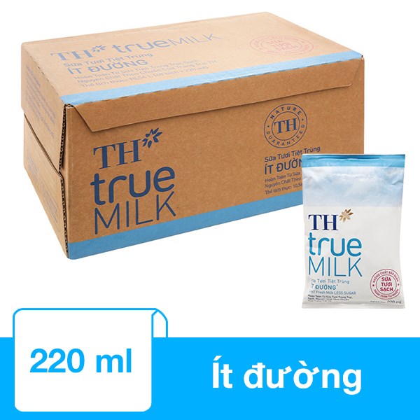 Thùng 48 Bịch Sữa Tươi Tiệt Trùng Th True Milk Ít Đường 220 Ml (Từ 1 Tuổi)