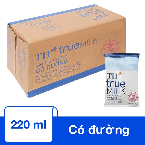 Thùng 48 bịch sữa tươi tiệt trùng TH true MILK có đường 220 ml (từ 1 tuổi)