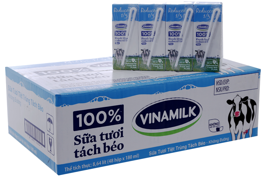 Sữa tươi tiệt trùng Vinamilk đàn bò tách béo không đường 180ml (thùng 48 hộp)