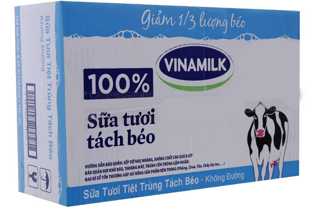 Sữa tươi tiệt trùng Vinamilk đàn bò tách béo không đường 180ml (thùng 48 hộp)