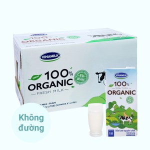 Thùng 12 hộp sữa tươi nguyên chất không đường Vinamilk 100% Organic 1 lít