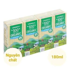 Lốc 4 hộp sữa tươi nguyên chất không đường Vinamilk 100% Organic 180ml