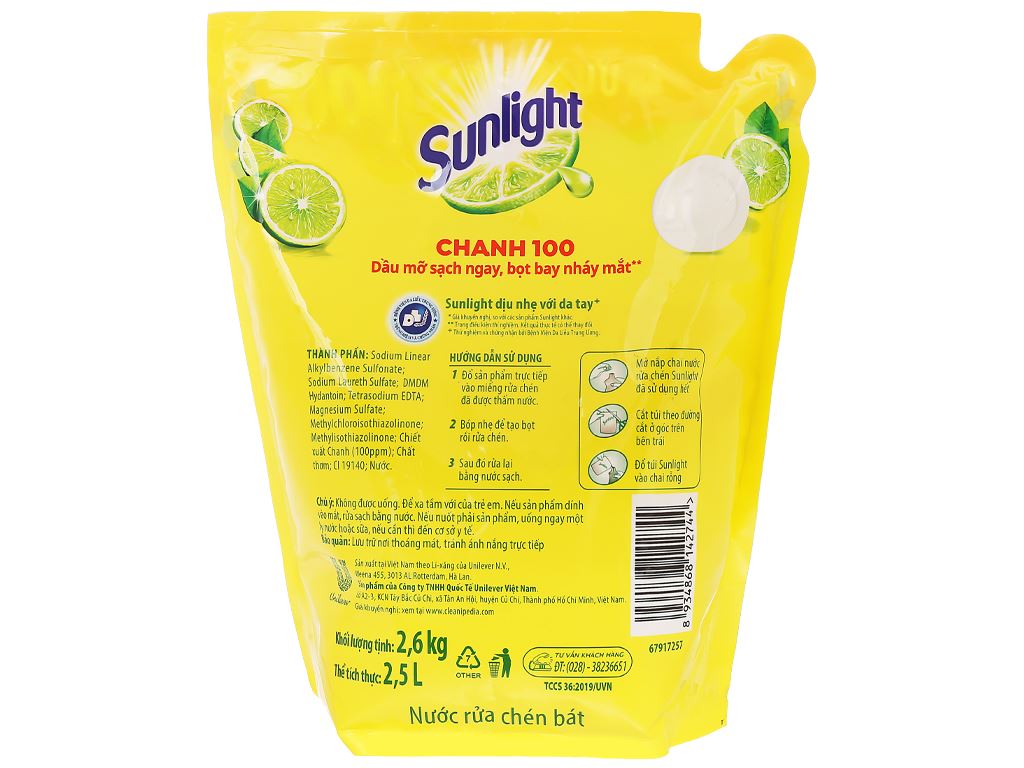 Nước rửa chén bát Sunlight chiết xuất chanh đánh bay dầu mỡ với sức mạnh như 100 trái chanh túi 2.6kg 3