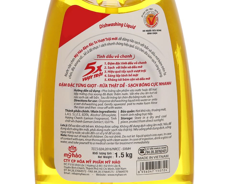 Nước rửa chén Mỹ Hảo 5X đậm đặc tinh dầu vỏ chanh chai 1.5kg 4
