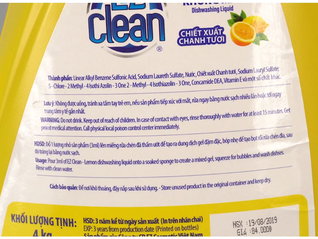 Nước rửa chén Ez Clean chiết xuất chanh tươi can 4kg 6