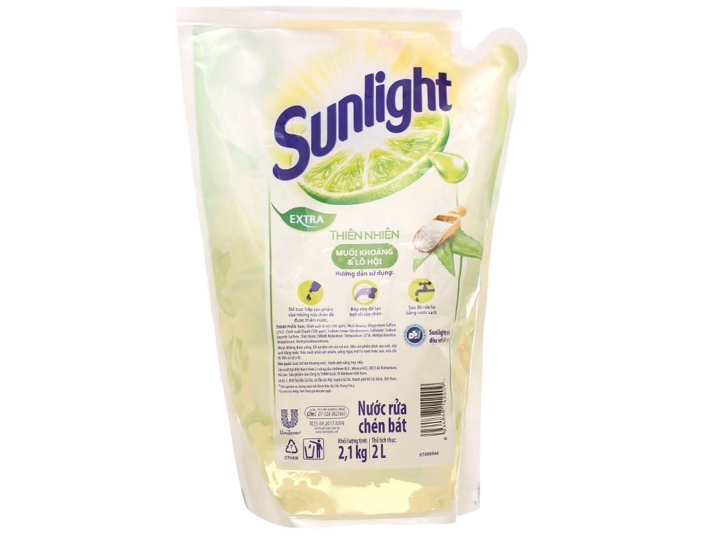 Nước rửa chén Sunlight thiên nhiên muối khoáng và lô hội an toàn cho chén dĩa trẻ em túi 2 lít 3