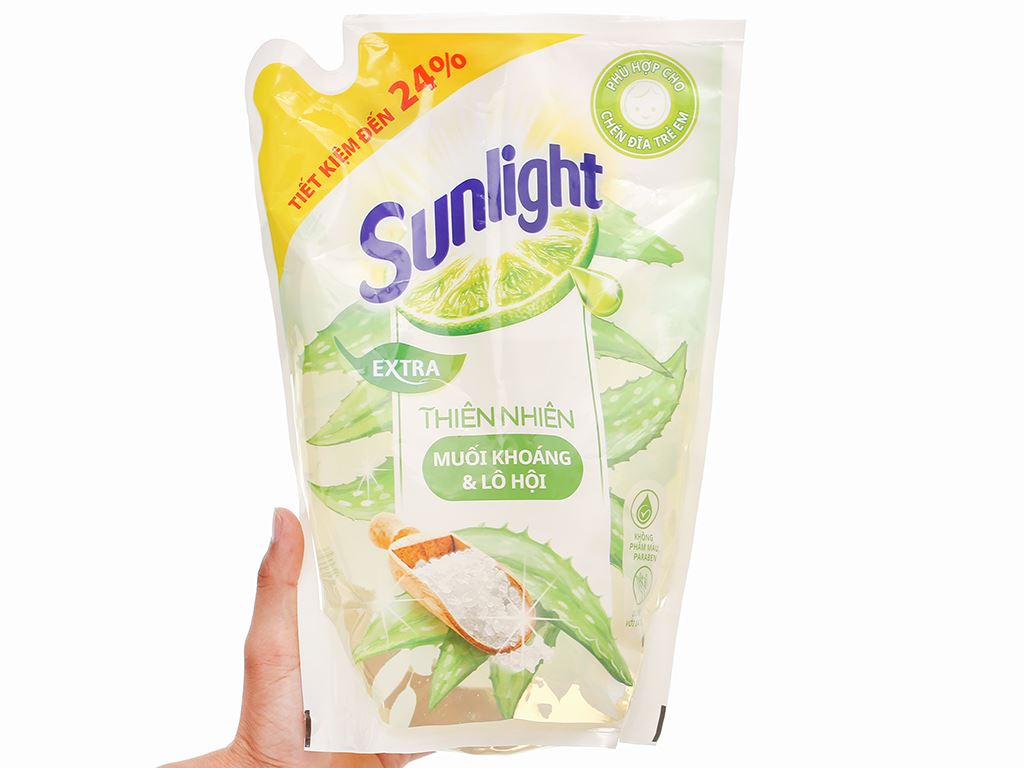 Nước rửa chén Sunlight thiên nhiên muối khoáng và lô hội an toàn cho chén dĩa trẻ em túi 2 lít 5