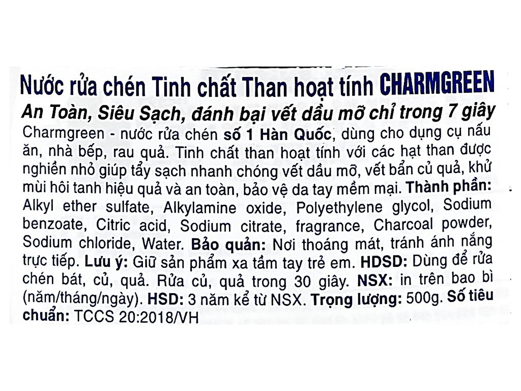 Nước rửa chén Charmgreen tinh chất than hoạt tính chai 500g 4