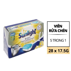Viên rửa chén Sunlight 5 trong 1 cho máy rửa chén bát với công nghệ pureclean không để lại vết ố 490g (28 viên/hộp)