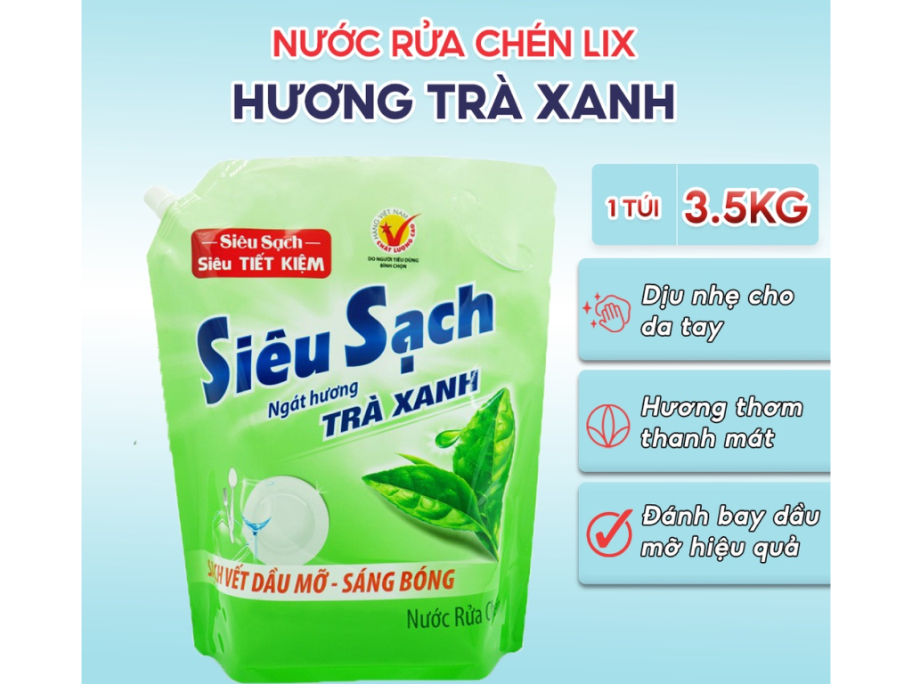 Nước rửa chén Lix siêu sạch hương trà xanh túi 3.43 lít 1