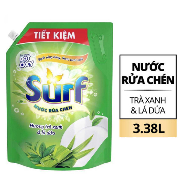 Nước rửa chén Surf trà xanh, lá dứa 3.38 lít