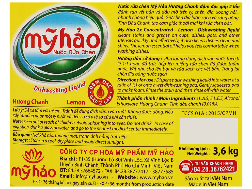 Nước rửa chén Mỹ Hảo hương chanh can 3.6kg 12