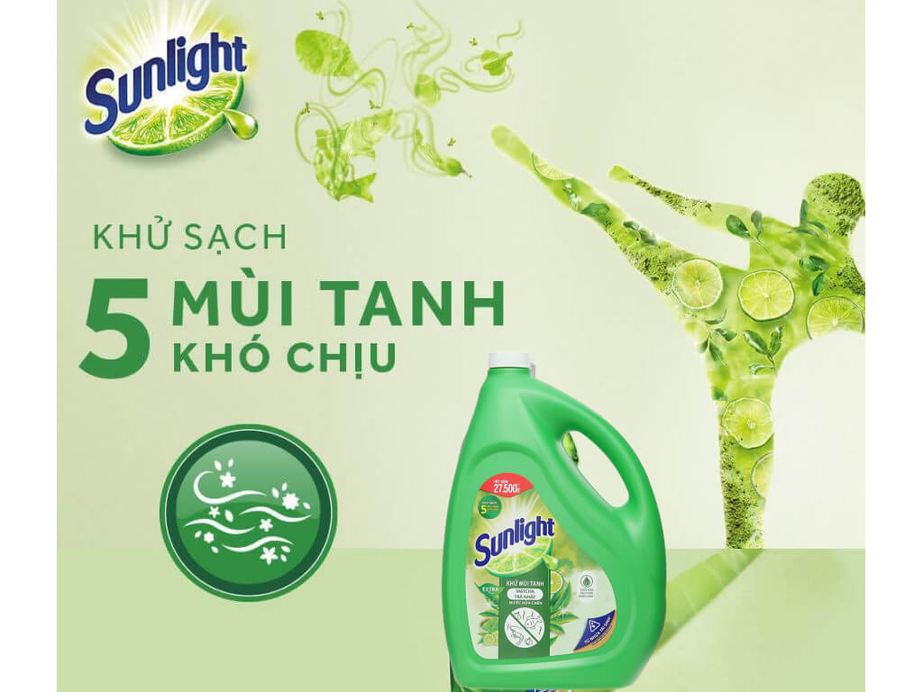 Nước rửa chén Sunlight Extra trà xanh khử 5 mùi tanh can 3.48 lít 6