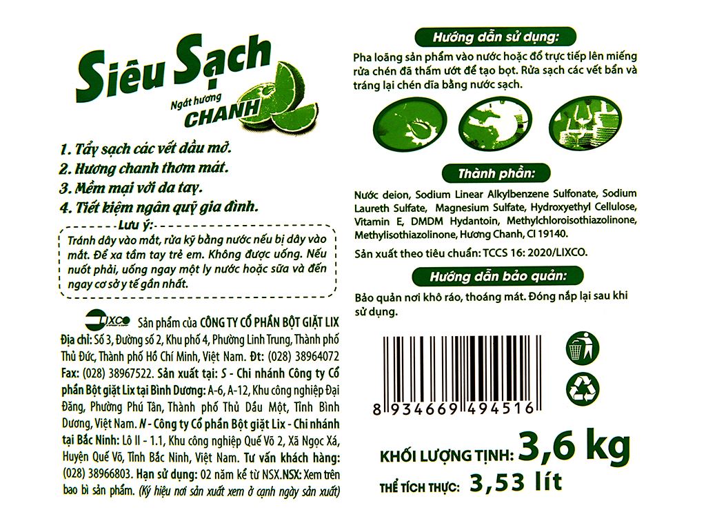 Nước rửa chén Lix siêu sạch hương chanh can 3.92 lít 5