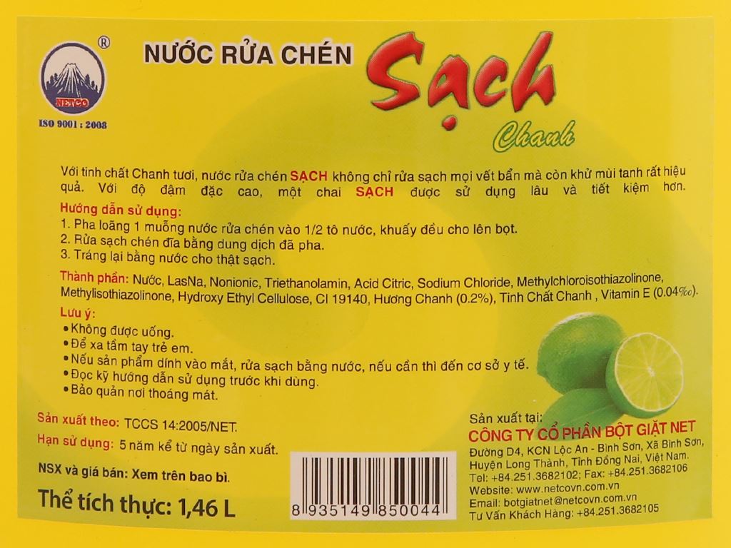 Nước rửa chén NET Sạch Vitamin E hương chanh can 1.46 lít 5