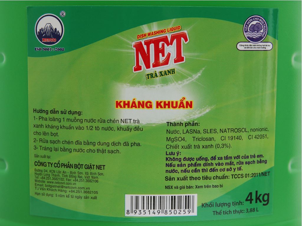 Nước rửa chén NET kháng khuẩn hương trà xanh can 3.88 lít 8