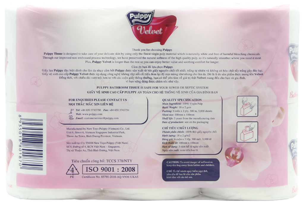 Giấy vệ sinh Pulppy Velvet hồng 6 cuộn