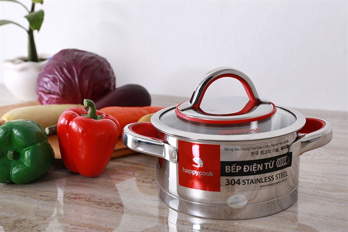 Nồi inox 3 đáy nắp kính 16 cm Happycook HC-16AR Màu Inox