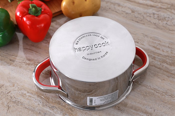 Nồi inox 3 đáy nắp kính 16 cm Happycook HC-16AR Màu Inox