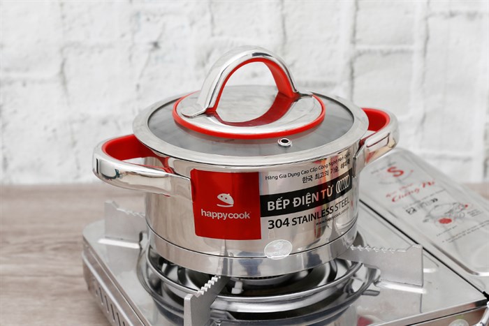 Nồi inox 3 đáy nắp kính 16 cm Happycook HC-16AR Màu Inox