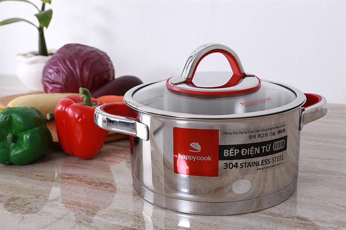Nồi inox 3 đáy nắp kính 20 cm Happycook HC-20AR Màu Inox