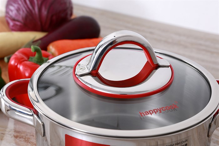 Nồi inox 3 đáy nắp kính 20 cm Happycook HC-20AR Màu Inox