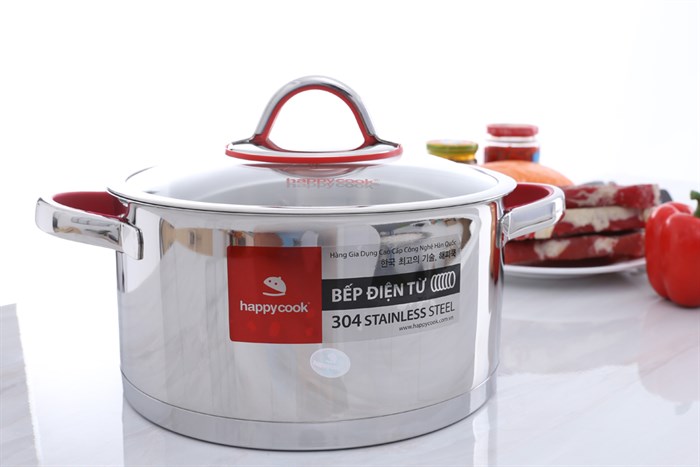 Nồi inox 3 đáy nắp kính 24 cm Happycook HC-24AR