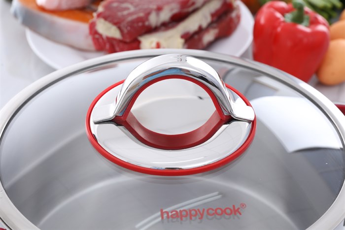 Nồi inox 3 đáy nắp kính 24 cm Happycook HC-24AR Màu Inox