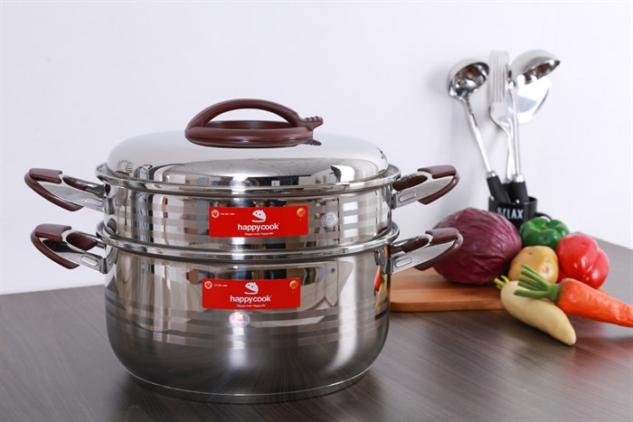 Bộ nồi xửng inox 3 đáy nắp inox 32 cm Happycook ST32-2
