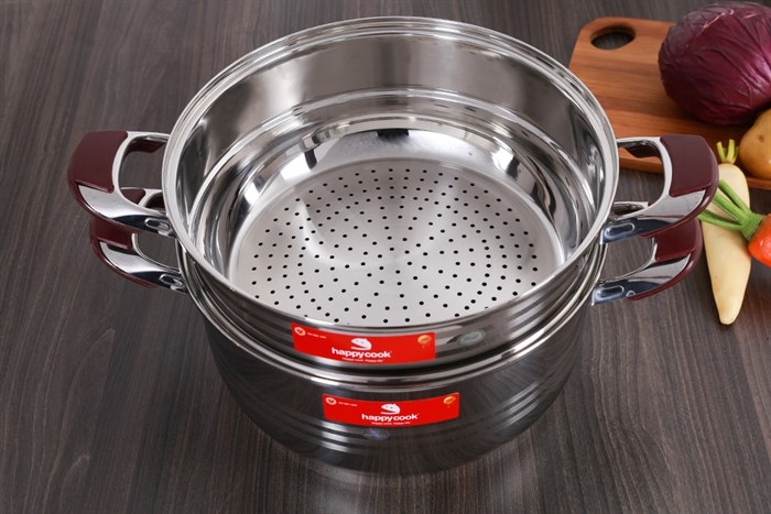 Bộ nồi xửng inox 3 đáy nắp inox 32 cm Happycook ST32-2 Màu Inox