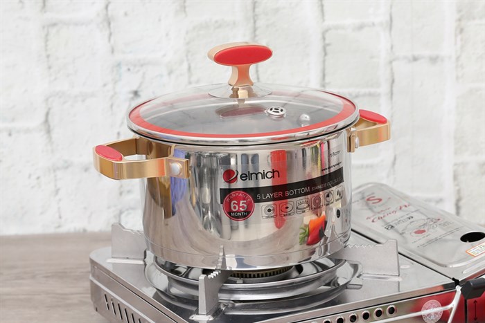 Nồi inox 5 đáy nắp kính 18 cm Elmich Red Velvet Màu Inox
