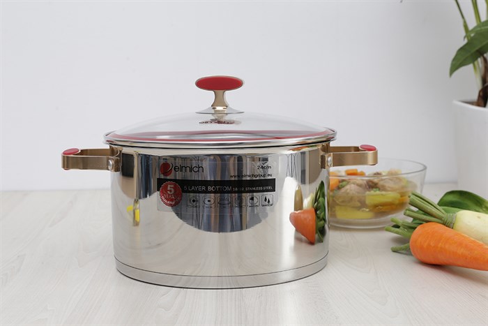 Nồi inox 5 đáy nắp kính 24 cm Elmich Red Velvet Màu Inox