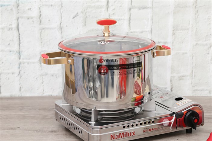 Nồi inox 5 đáy nắp kính 24 cm Elmich Red Velvet Màu Inox