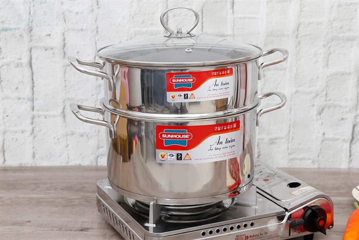 Bộ nồi xửng inox 5 đáy nắp kính 24 cm Sunhouse SSP25124 Màu Inox
