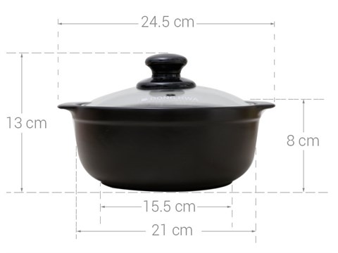 Kích thước nồi đất nắp kính 1.85 lít Dong Hwa Tucbeghi G704
