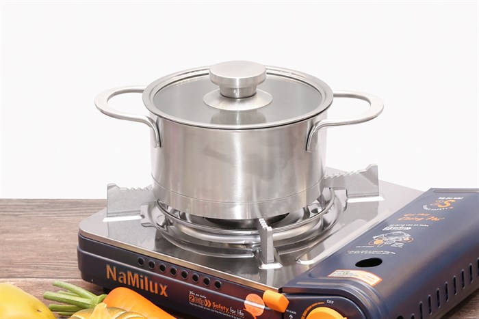 Nồi inox 3 đáy nắp kính 16 cm Delites 002NCH Màu Inox