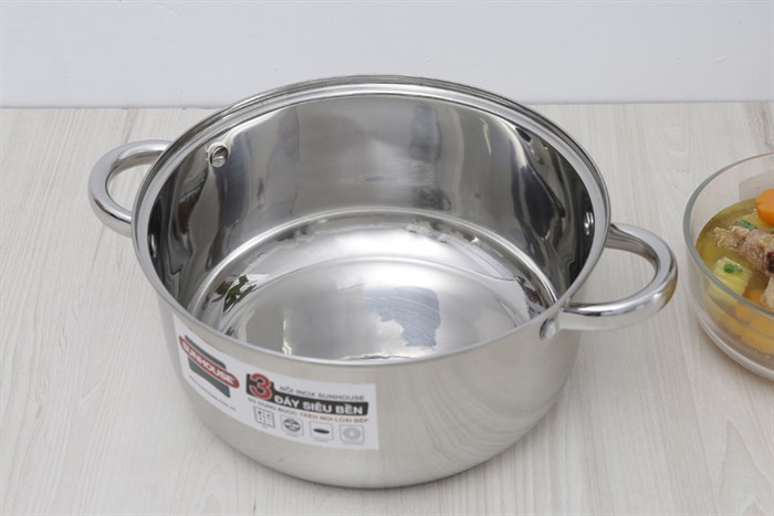 Nồi inox 3 đáy nắp kính 26 cm Sunhouse SH22126 Màu Inox