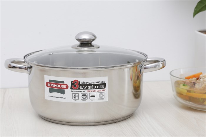Nồi inox 3 đáy nắp kính 28 cm Sunhouse SH22128 Màu Inox