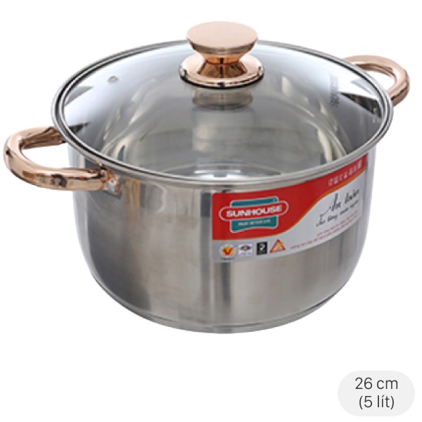 Nồi inox 5 đáy nắp kính 26 cm Sunhouse SHG24226