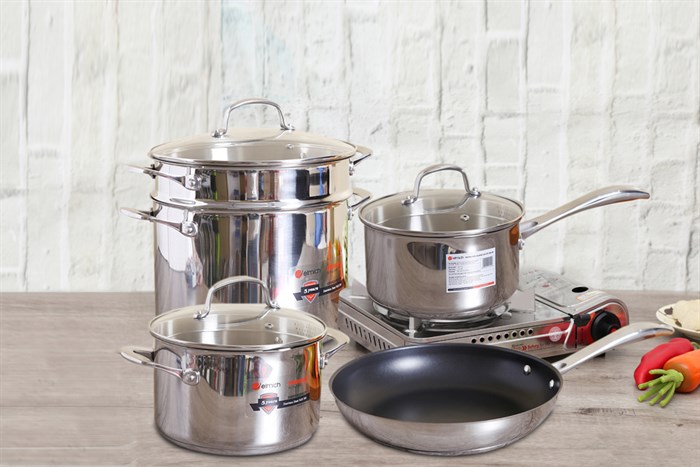 Bộ nồi chảo quánh inox nắp kính Elmich Premium EL3134 Màu Inox