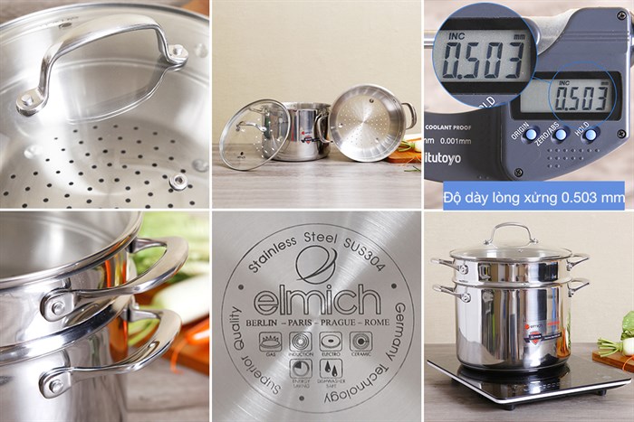 Bộ nồi chảo quánh inox nắp kính Elmich Premium EL3134 Màu Inox